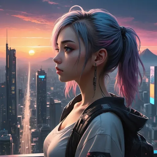 Prompt: Generate strikingly vivid and hyper-realistic anime style images of young beautiful lady Cyberpunk style contemplating life's deepest questions as she stares off into the sunset, while soaring through the sky.