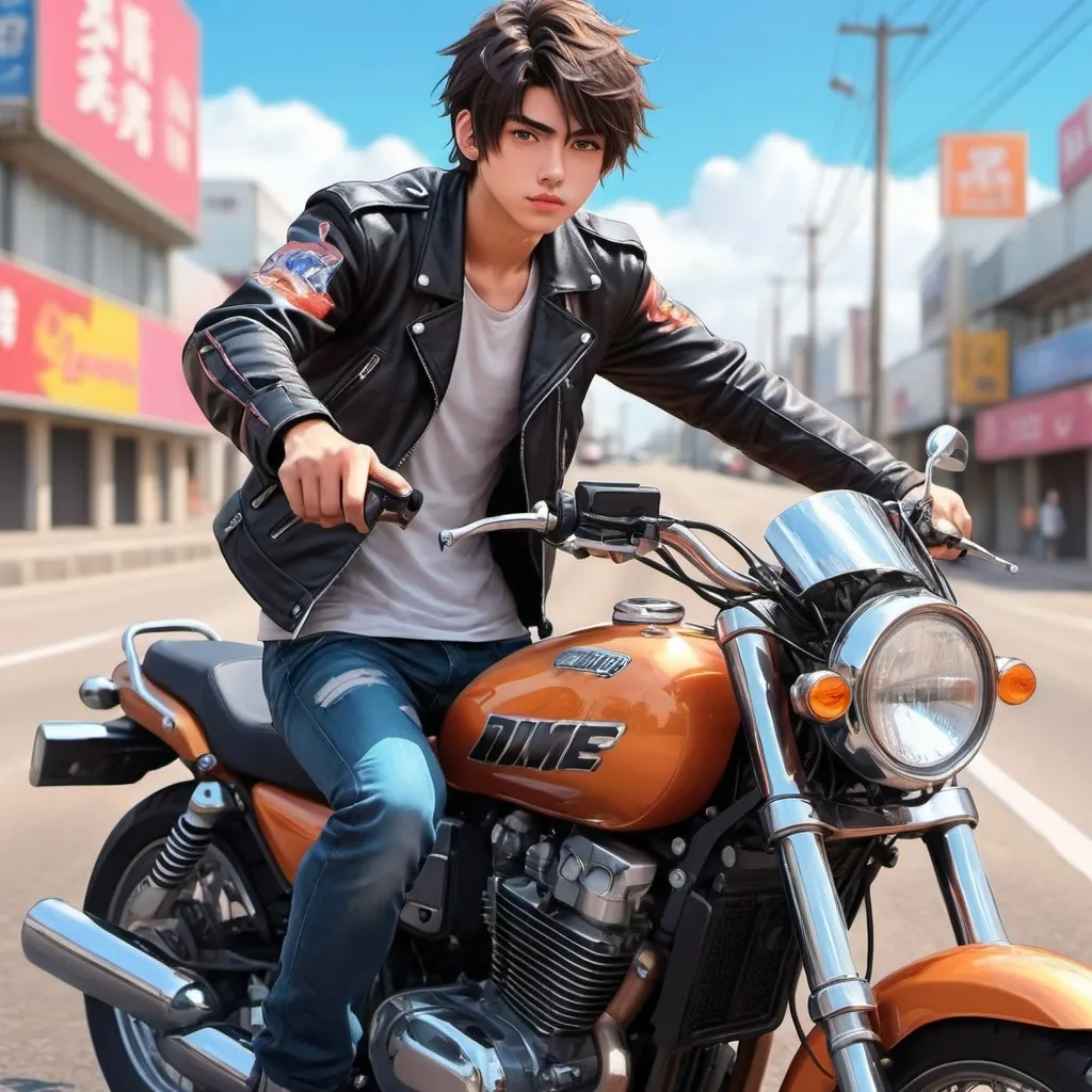 Prompt: Generate strikingly vivid and hyper-realistic anime style images of young beautiful dude on motorbikes in leather jackets riding around cruising the highway with stunning colors and details with Anime art image styling with Anime art style colors and background.  