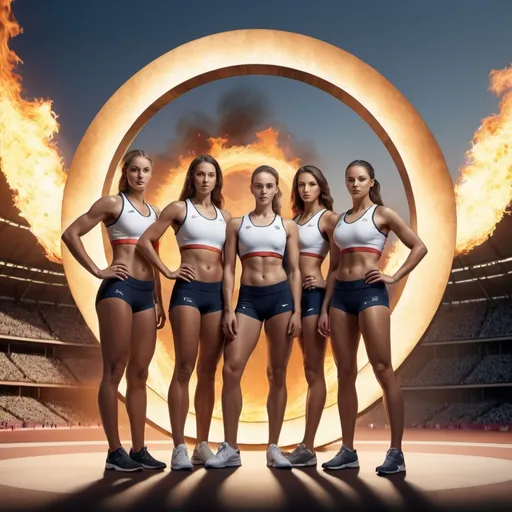 Prompt: hyper realistic photo quality in high resolution with exceptional image detailing and shadowing and lighting of a  beautiful team of 7 beautiful athletic women in their athletic competition clothing standing in front of the iconic 5 concentric rings of the Olympic Symbol behind them and the Olympic flame burning nearby.