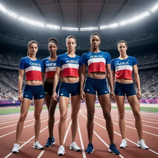 Prompt: hyper realistic photo quality in high resolution with exceptional image detailing and shadowing and lighting of a Olympic team of women from France all in French national colors all in Nike and Adidas and Under Armour athletic clothing and warm ups all within their national colors as if they are wearing sponsored National attire provided by their Olympic host nation.  All the beautiful and athletic and fit models of Olympians are stretching and warming up on a track and field inside a massive stadium with fans.