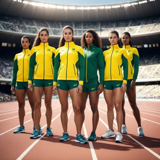 Prompt: hyper realistic photo quality in high resolution with exceptional image detailing and shadowing and lighting of a Olympic team of women from Brazil all in Brazil colors all in Nike and Adidas and Under Armour athletic clothing and warm ups all within their national colors as if they are wearing sponsored National attire provided by their Olympic host nation.  All the beautiful and athletic and fit models of Olympians are stretching and warming up on a track and field inside a massive stadium with fans.