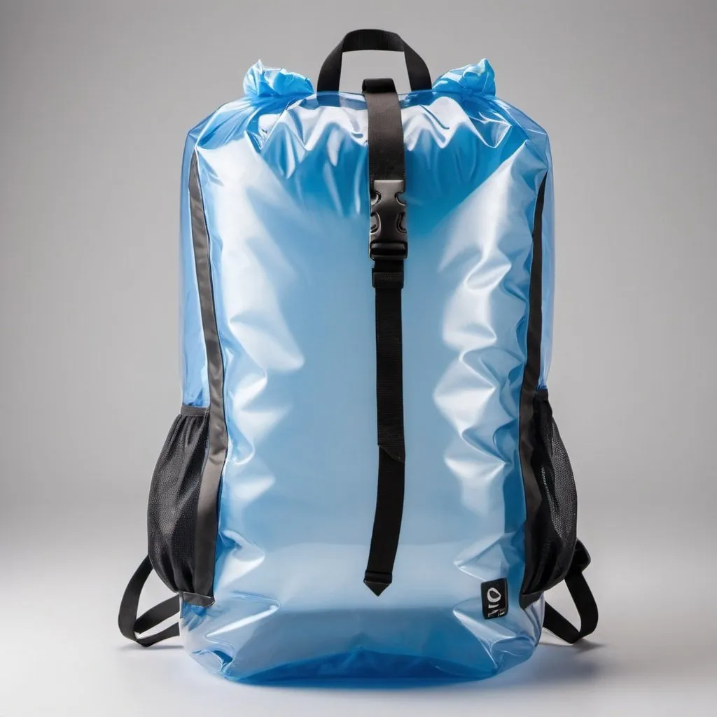 Prompt: We want to generate ain image of a hiking backpack. This is important to take into account.

The inflatable backpack is made of a transparent and resistant material, similar to vinyl or transparent PVC. It has reinforced seams that give it structure and durability. The shape of the backpack is ergonomic, with adjustable shoulder straps and a padded back panel for greater comfort when carrying it.

In the image, the backpack is fully inflated, showing its maximum capacity. Inside the backpack there are only a few items, such as a bottle of water and a rolled towel. The water bottle is made of transparent plastic and is clearly seen through the material of the backpack. The rolled towel is made of a soft and compact microfiber fabric.

The background of the image can be neutral, such as a white or light gray background, to highlight the transparency and realism of the backpack. You can play with lighting to highlight reflections and shadows in the transparent material, giving a sensation of depth and volume.