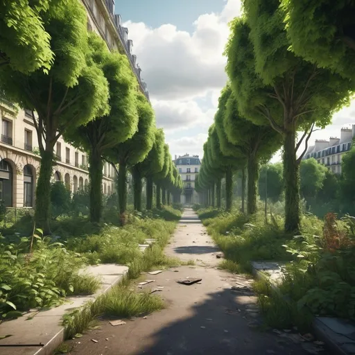 Prompt: Post-apocalyptic scene of Avenue Daumesnil, Paris, overgrown with lush vegetation, high quality, detailed 3D rendering, atmospheric lighting