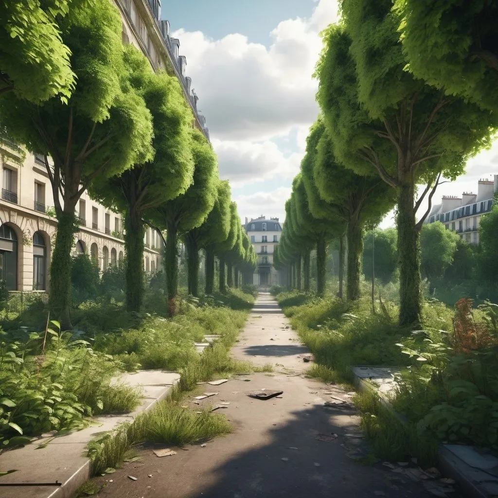 Prompt: Post-apocalyptic scene of Avenue Daumesnil, Paris, overgrown with lush vegetation, high quality, detailed 3D rendering, atmospheric lighting