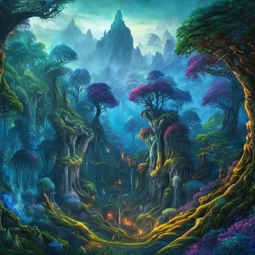 Prompt: Magical landscape with vibrant green and Blue hues, fantasy setting, enchanting forest with glowing flora, mystical atmosphere, high quality, surreal, fantasy, vibrant colors, atmospheric lighting, detailed foliage, epic scenery, otherworldly, magical aura