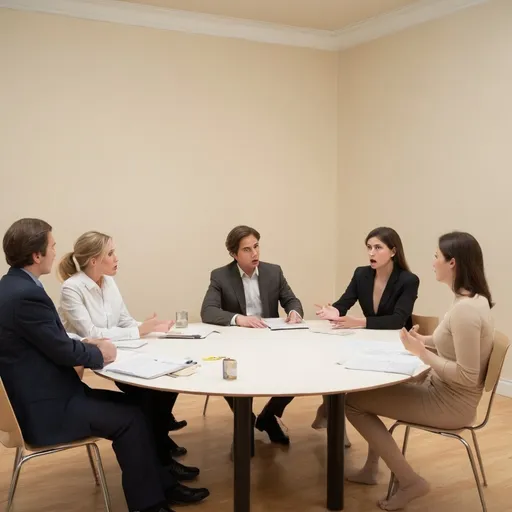 Prompt: Two people arguing about their relationship in the presence of a mediator.   Mediator is seated between the people and all three are seated at a table.  a couple of pants are in the room.  Walls are painted beige.