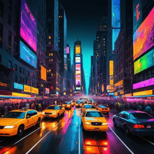 Prompt: Abstract representation of New York City rush hour traffic, vibrant and chaotic, digital art, dynamic composition with strong movement, high energy, bright neon lights, pixelated elements, modern and edgy, urban, cityscape, abstract traffic patterns, futuristic and cyberpunk, bustling city streets, best quality, highres, vibrant colors, chaotic composition, digital art, urban, futuristic, dynamic, vibrant neon lights, cyberpunk, bustling streets, edgy, modern