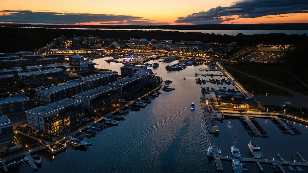 Prompt: a marina with boats docked at night time with a city in the background and a sunset in the foreground, Arlington Nelson Lindenmuth, regionalism, sunset lighting, a digital rendering