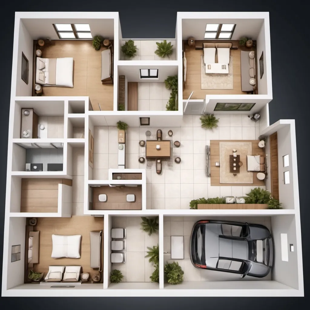 Prompt: Ground floor plan with 3 bedrooms, wcs,entrance terrace, living room, dining room, kitchen and store, furniture details, car parking, architectural visualization, high-quality, detailed rendering, modern style, warm tones, natural lighting, spacious layout, cozy atmosphere