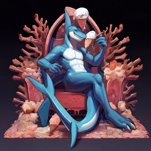 Prompt: Wide grinning shark, sitting relaxed on a coral throne, sticking out its thounge and lick an icecream cone.