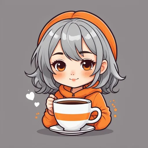 Prompt: Chibi kawaii cute cartoon illustration, orange outlines, a gilr with grey hair, saturated colors, cup of coffee