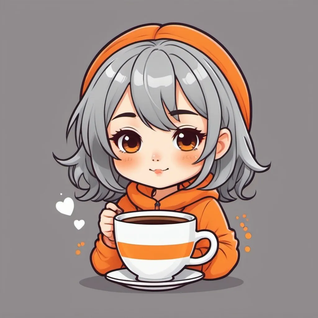 Prompt: Chibi kawaii cute cartoon illustration, orange outlines, a gilr with grey hair, saturated colors, cup of coffee