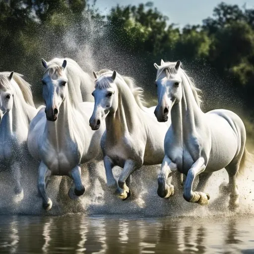 Prompt: Realistic herd if white arabian  horses running from water with splashing 