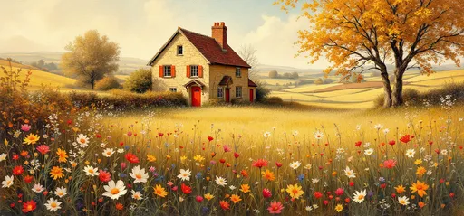 Prompt:  very thick Impasto, impressionism. sepia toned with some colorful showing through, Impressionist, domestic life, soft colors, loose brushwork, vintage. fall time in england countryside over looking all the fields and meadows with the hedges lining the roads and property lines in the background of photo. put rolling hills in the distance and a cobblestone cottage in the back of picture, have flowers in meadow toward the front foreground of picture. faded colors. nice smooth pixels. fade the edges of the photo slightly darker
