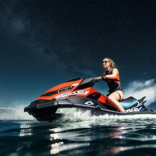 Prompt: Généré moi un ciel étoilé la sur la mer avec un jet ski   