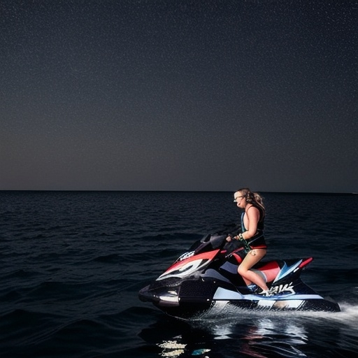 Prompt: Généré moi un ciel étoilé la sur la mer avec un jet ski   Il fait sombre on voit pas trop la personne 