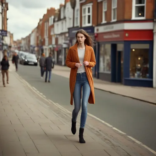 Prompt: Tall young woman walking down the high street, detailed clothing, realistic, natural lighting