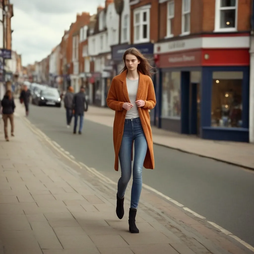 Prompt: Tall young woman walking down the high street, detailed clothing, realistic, natural lighting