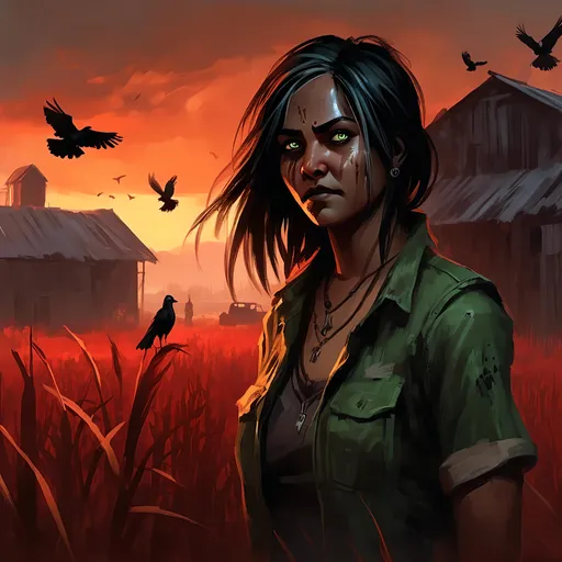 Prompt: <mymodel> oil painting, illustration, tall Red-metal cabinets, crows. brown skin woman. with green eyes, atmospheric lighting, highres eyes, ultra detailed eyes, abandoned dried brown cornfield with trees. barn in the background.