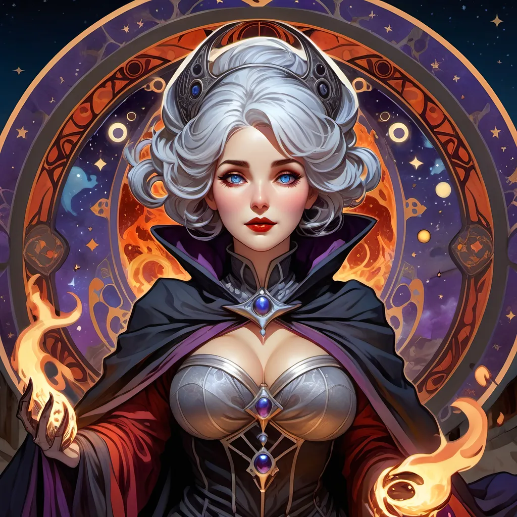 Prompt: full body Anime illustration of a silver-haired woman engulfed in black magic, detailed eyes and face, blue eyes, red lips, bones, purple shadow, cloak with large shoulder pads,staff with skulls, macabre, dark purple cloth armor, flaming hands, scorched earth, night sky, highres, ultra-detailed, magic, intense gaze, detailed face, dramatic lighting