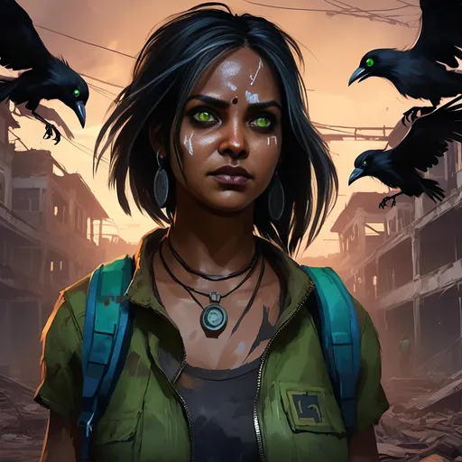 Prompt: <mymodel> oil painting, illustration, crows. brown skin woman. with green-eyes, highres eyes, ultra detailed eyes, detailed face, inside a dilapidated abandoned hospital, blue backpack, atmospheric lighting, 