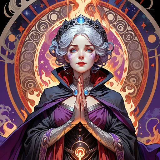 Prompt: full body Anime illustration of a silver-haired woman engulfed in black magic, detailed eyes and face, blue eyes, red lips, bones armor, purple cloak with large skull shoulder pads, tall staff in hand, macabre, purple cloth robe, flaming hands, smoldering ground, highres, ultra-detailed, magic, intense gaze, detailed face, dramatic lighting