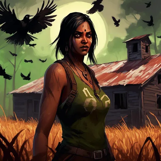 Prompt: <mymodel> oil painting, illustration, crows. brown skin woman. with green-eyes, atmospheric lighting, highres eyes, ultra detailed eyes, detailed face, abandoned dried brown cornfield with trees. barn in the background. tall red cabinets randomly placed.