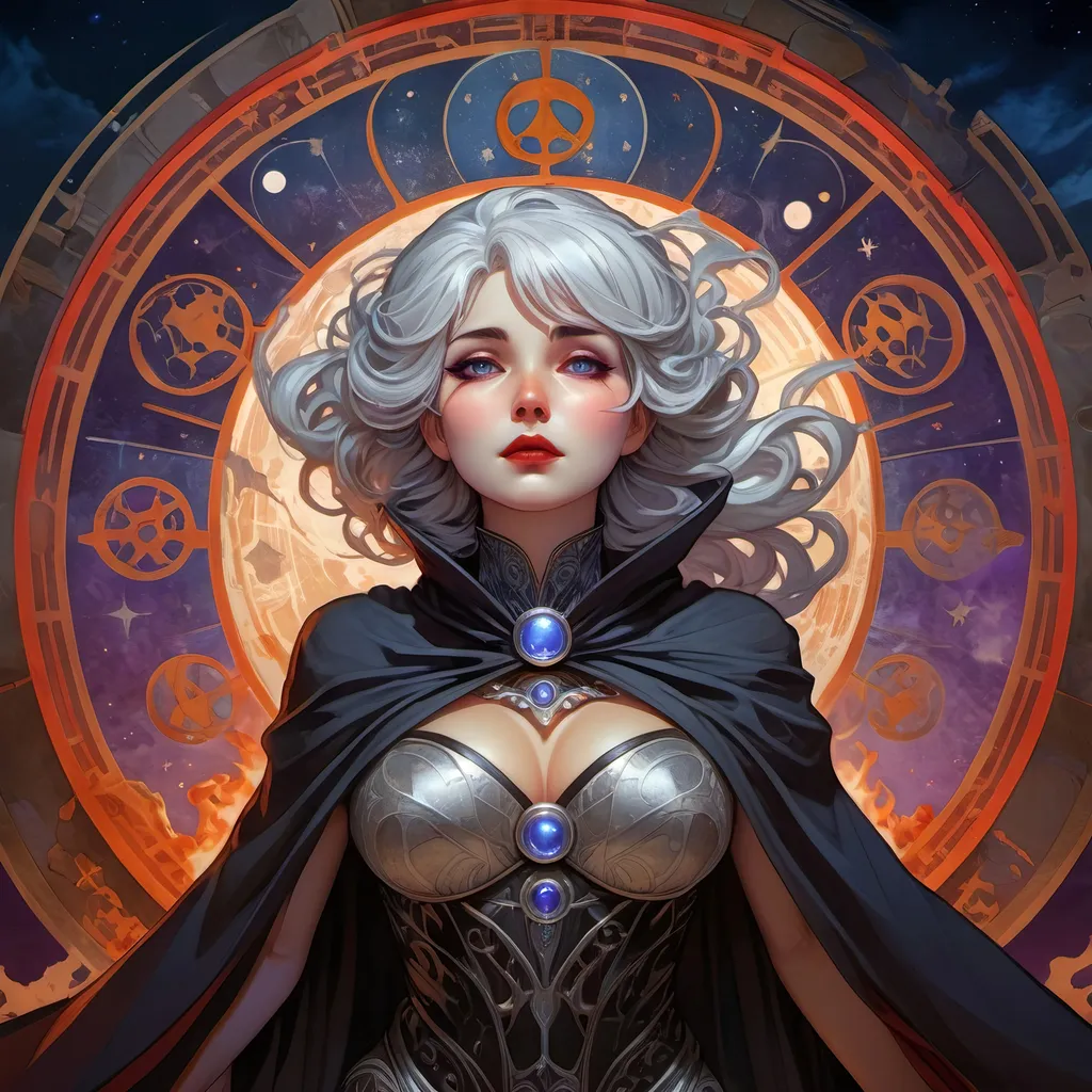 Prompt: full body Anime illustration of a silver-haired woman engulfed in black magic, detailed eyes and face, blue eyes, red lips, bones, purple shadow, cloak with large shoulder pads,staff with skulls, dark cloth armor, scorched earth night sky, highres, ultra-detailed, magic, intense gaze, detailed face, dramatic lighting