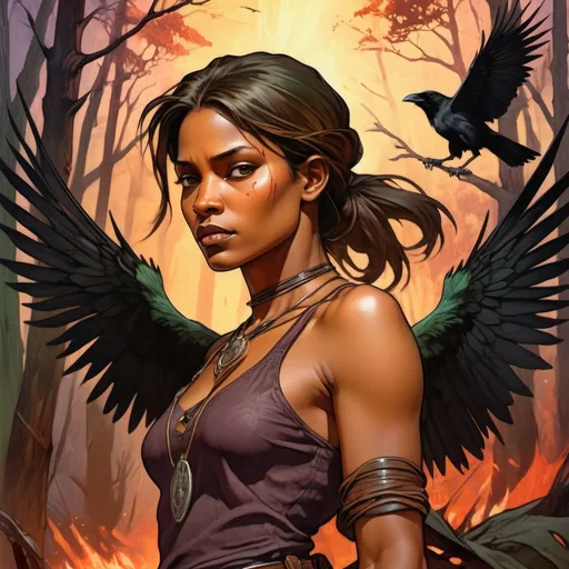 Prompt: brown skin woman, detailed greeneyes, detailed face, dark short ponytail, V cut silk purple tanktop, Choker necklace, tall boots, holster, ripped jeans, dark forest, fire, scratches, dirty, bloody, crows, atmospheric lighting, smoldering ground, intense gaze, flying crows everywhere