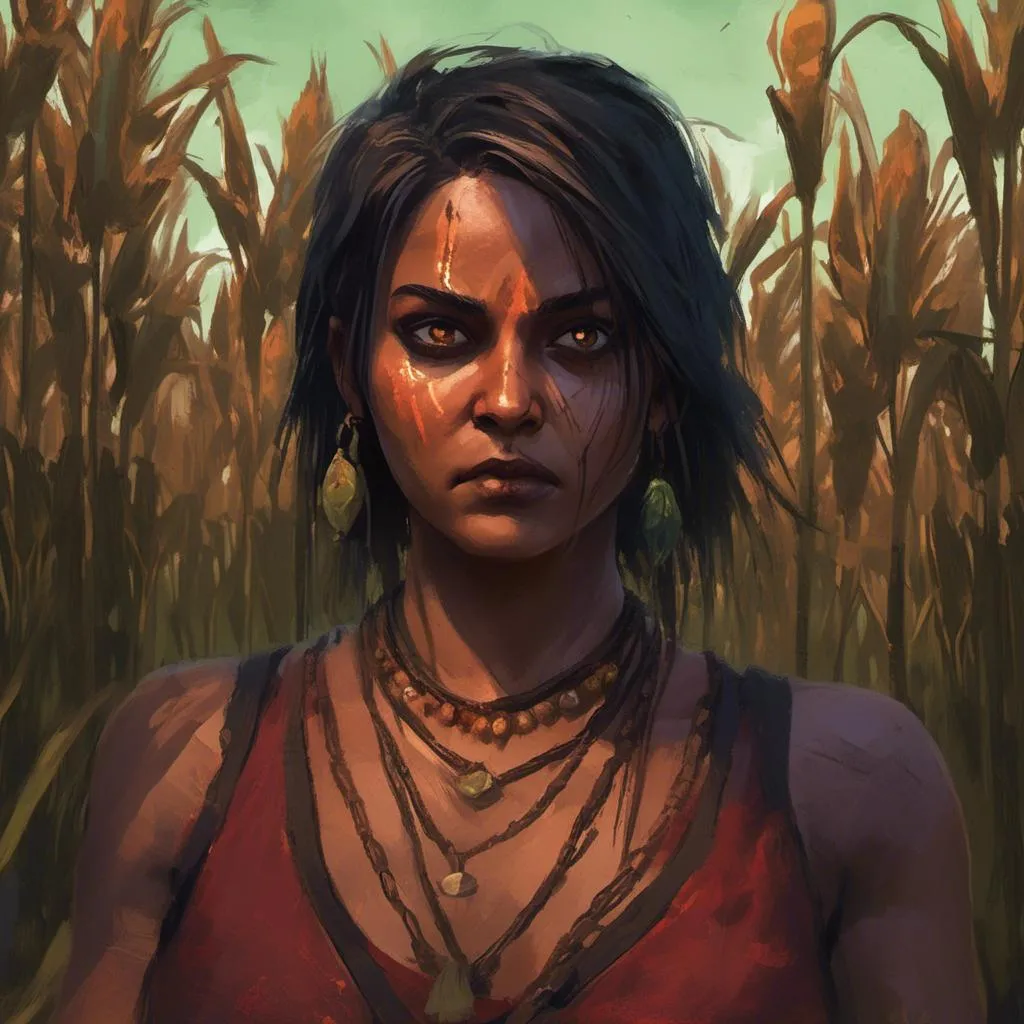 Prompt: <mymodel> oil painting, illustration, tall Red-metal cabinets, crows. brown skin woman. with green eyes, atmospheric lighting, highres eyes, ultra detailed eyes, abandoned dried corn field.