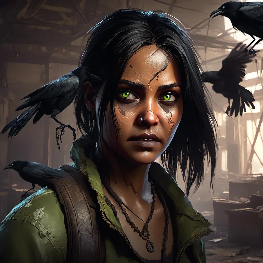 Prompt: <mymodel> oil painting, illustration, crows. brown skin woman. with green-eyes, atmospheric lighting, highres eyes, ultra detailed eyes, detailed face, inside a dilapidated abandoned hospital, backpack