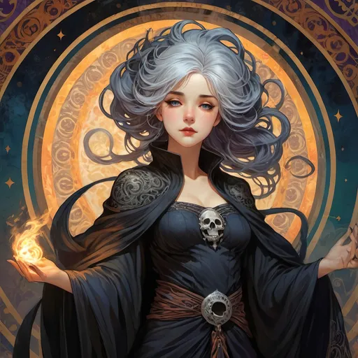 Prompt: full body Anime illustration of a silver-haired woman engulfed in black-hole magic, detailed eyes and face, blue eyes, red lips, large gothic black skull shoulder pads, tall staff in hand, macabre, detailed ornate cloth robe, flaming hands, smoldering ground, highres, ultra-detailed, intense gaze, detailed face, dramatic lighting, purple and green fire, hair up-do