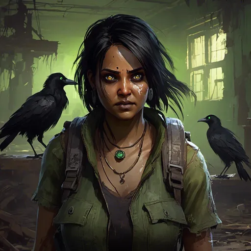 Prompt: <mymodel> oil painting, illustration, crows. brown skin woman. with green-eyes, atmospheric lighting, highres eyes, ultra detailed eyes, detailed face, inside a dilapidated abandoned hospital, backpack