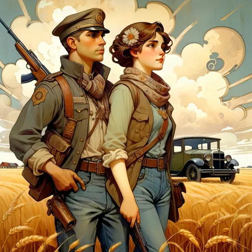 Prompt: Art nouveau, wandering figures in background, cloudy countryside, desolate, wheat, spaced out abandoned houses, rusted dilapidated cars, young military man, scarf, Determined scuffed woman, carrying large military rifle. Floral sweater, army jacket, denim jeans, a satchel, a military vest, gloves. Detailed eyes, detailed face, sad atmospheric lighting, heavy eyeliner,