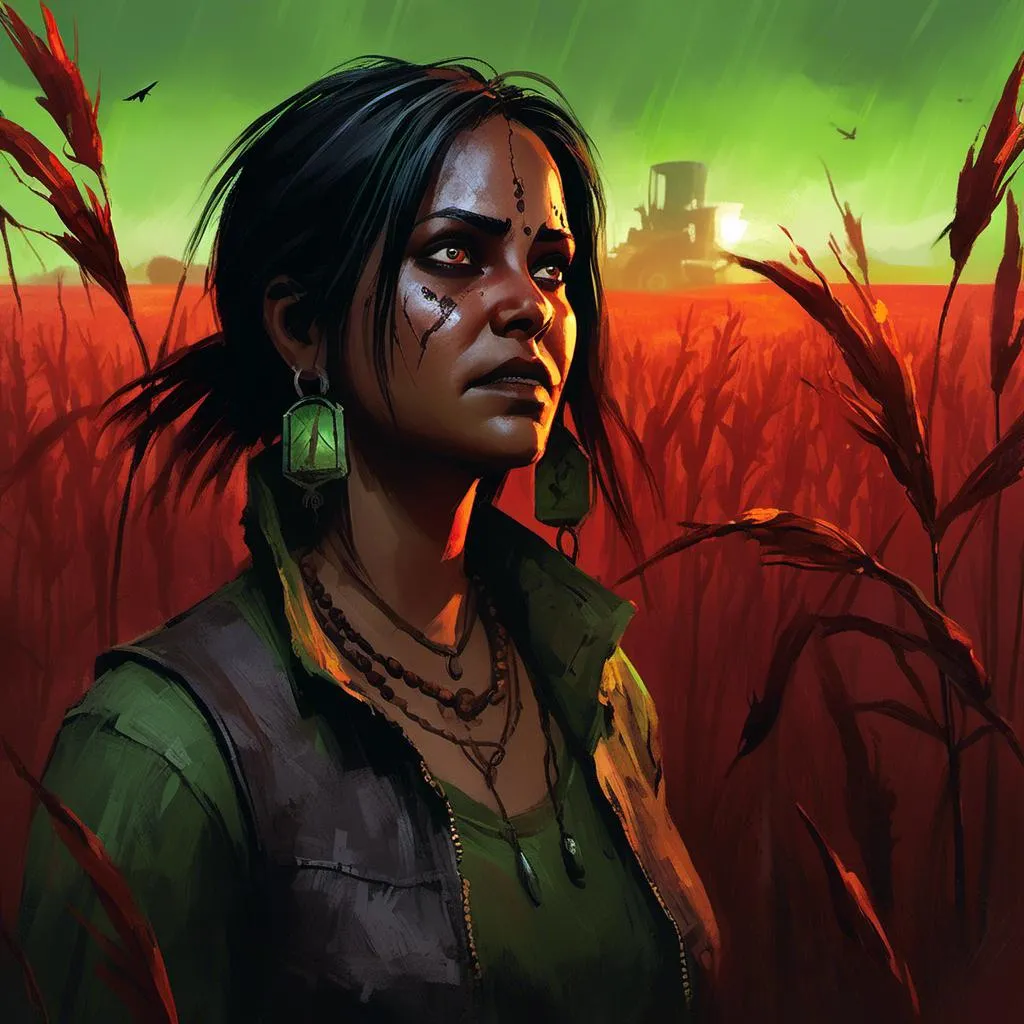 Prompt: <mymodel> oil painting, illustration, tall Red-metal cabinets, crows. brown skin woman. with green eyes, atmospheric lighting, highres eyes, ultra detailed eyes, abandoned dried corn field.
