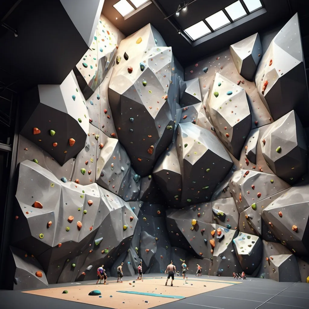 Prompt: realistic rock climbing gym, big, high walls