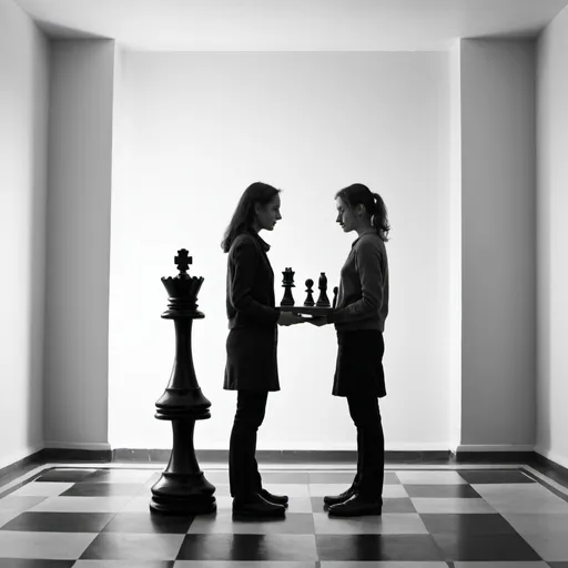 Prompt: A chessboard is the floor on which two people are standing in front of each other, face to face.
