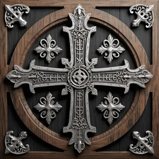 Prompt: Jerusalem cross with intricate metal wood details, black and grey, high quality, detailed, metal wood texture, intricate design, professional, monochromatic, highres