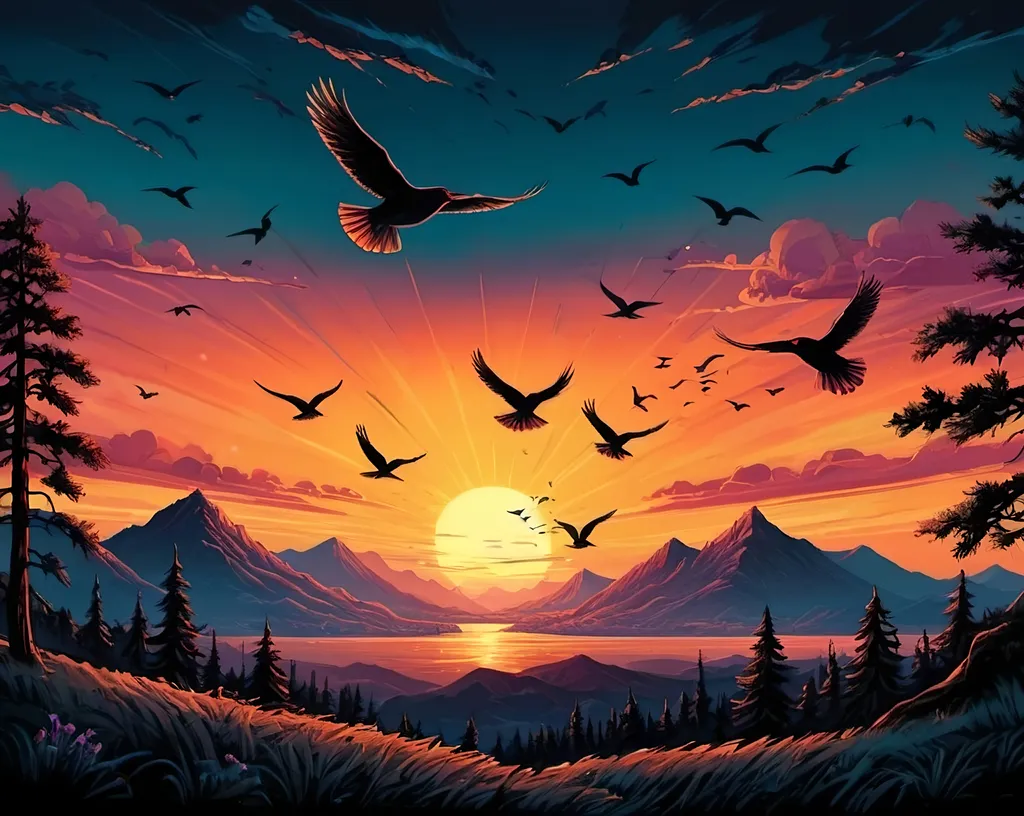 Prompt: a painting of a sunset with birds flying over the mountains and trees in the foreground and a bird flying over the mountains, Dan Mumford, computer art, sunset, computer graphics