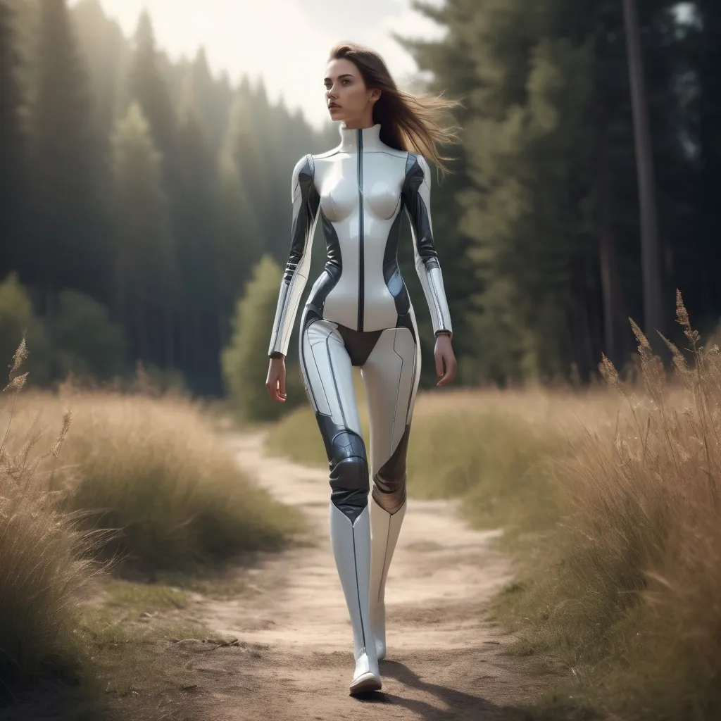 Prompt: Tall young woman walking down the nature, detailed clothing, realistic, natural lighting futuristic happy blessed