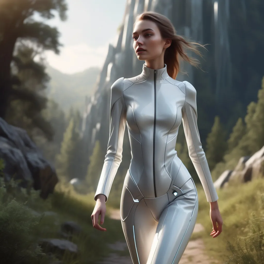 Prompt: Tall young woman walking down the nature, detailed clothing, realistic, natural lighting futuristic happy blessed