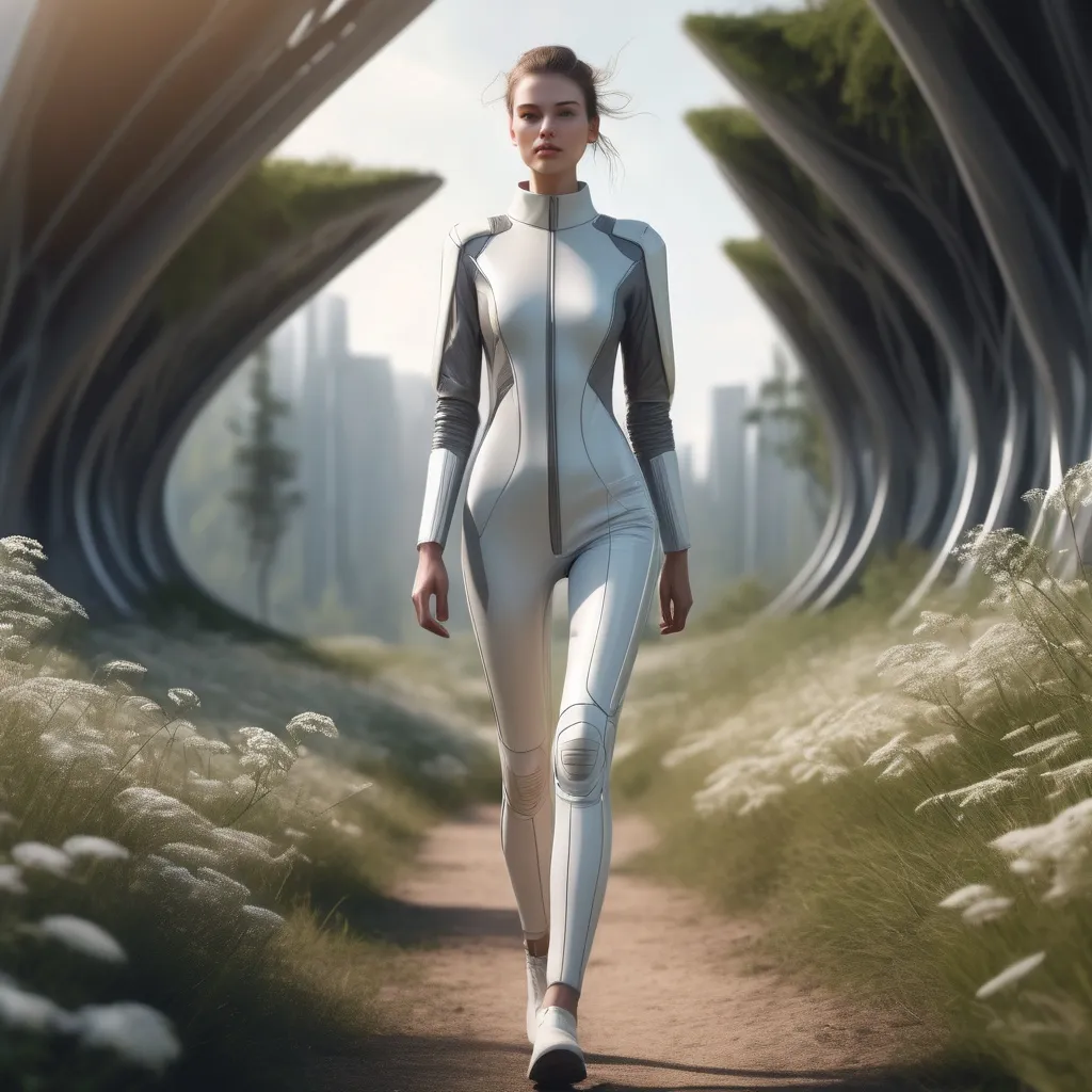Prompt: Tall young woman walking down the nature, detailed clothing, realistic, natural lighting futuristic happy blessed