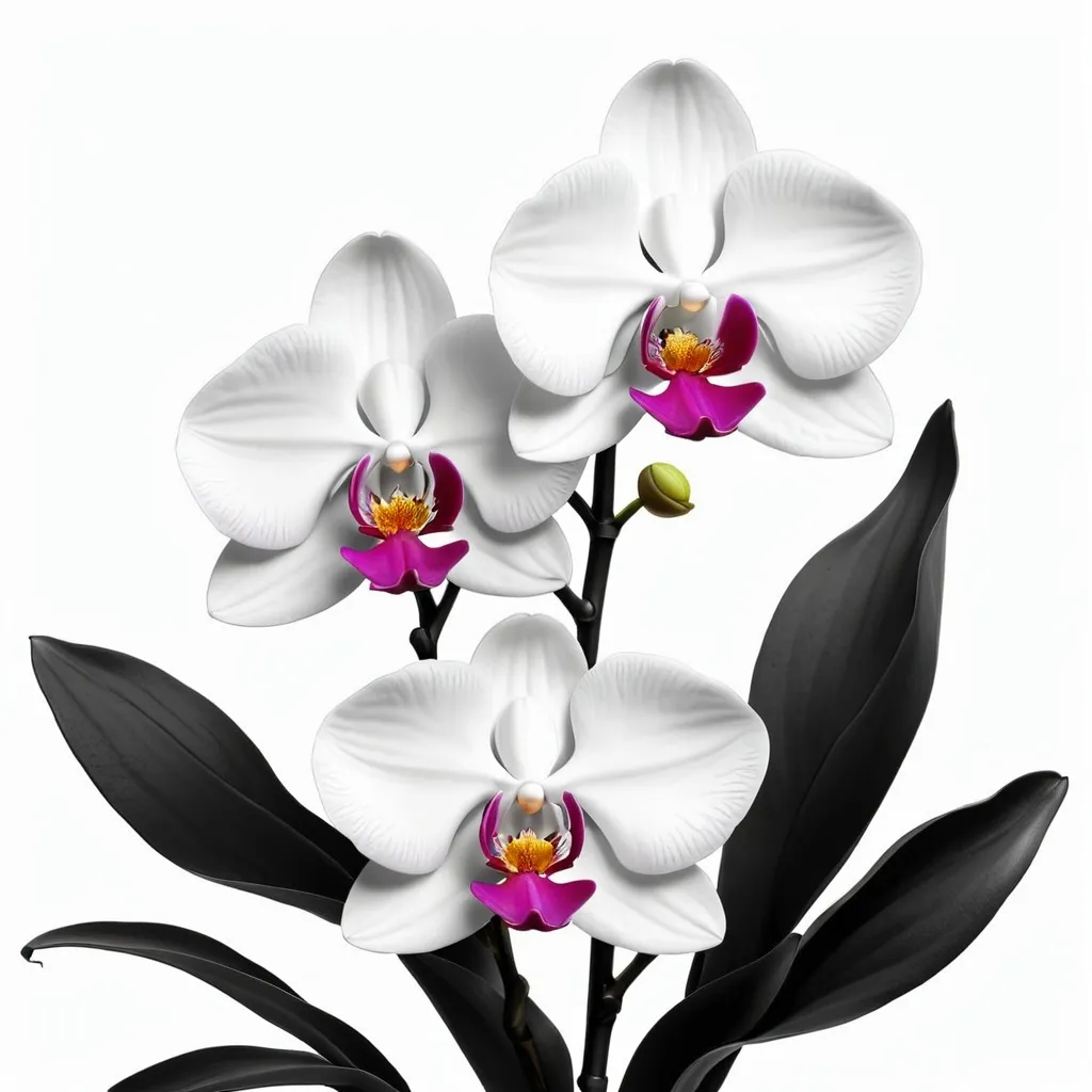 Prompt: three orchid with leaves in black an white background for logo