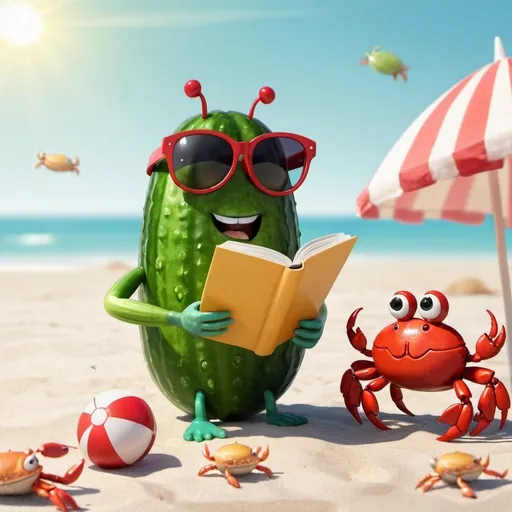 Prompt: Cucumber is reading a book. Cucumber is on a beach and wearing a sunglases. next to Cucumber stands a crab holding a ball and looking at it with interest
