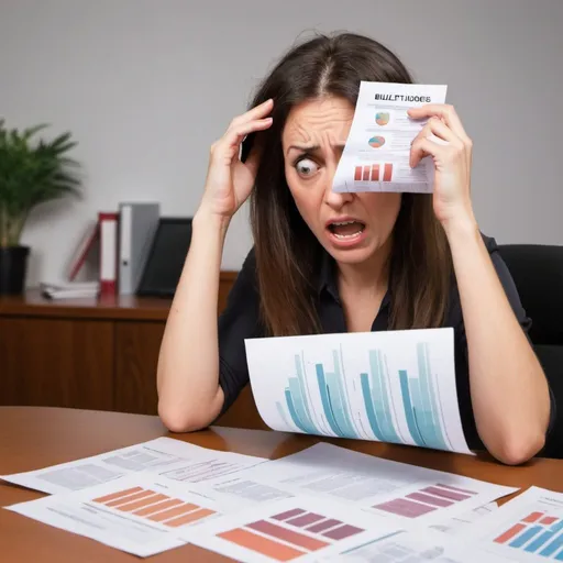 Prompt: A woman is totally stressed out over a really ugly printed handout that includes several bad PowerPoint bullet slides. Landscape.