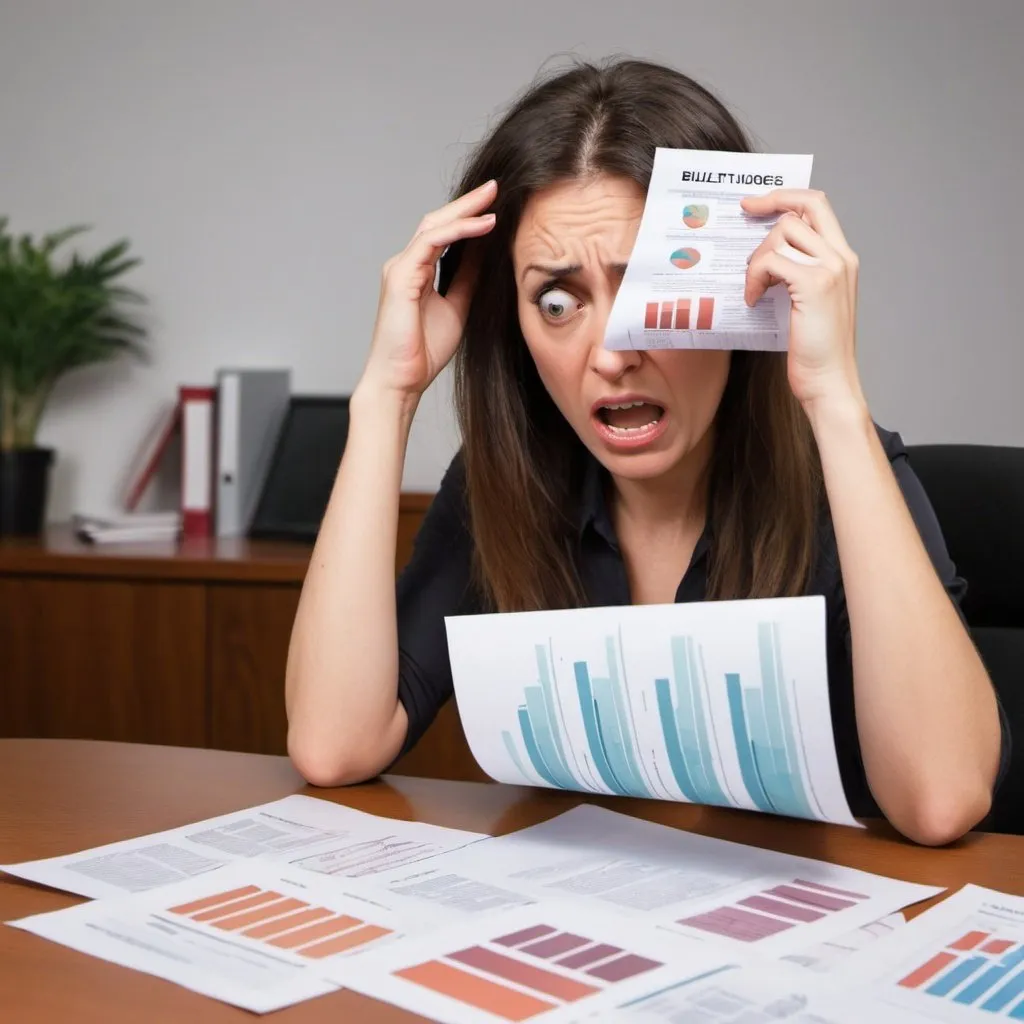 Prompt: A woman is totally stressed out over a really ugly printed handout that includes several bad PowerPoint bullet slides. Landscape.