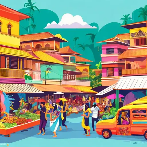 Prompt: Cartoon-style wall art illustration of Malaysian culture, vibrant and colorful, 5ft width, 1ft height, traditional Malaysian houses, bustling local markets, tropical rainforest background, diverse cultural festivities, lively street food scene, joyful community celebrations, vibrant colors, detailed cartoon design, professional, high quality, 5ft length, 2ft height, Malaysian culture, vibrant, colorful, traditional houses, local markets, rainforest, cultural festivities, street food, lively, joyful, detailed design, professional, cartoon style, vibrant colors