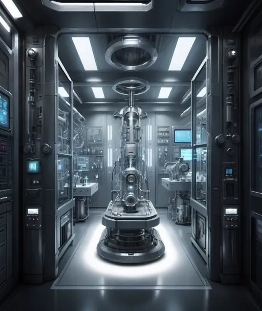 Prompt: High-tech laboratory, futuristic, sci-fi, sleek equipment, dramatic lighting, detailed machinery, metallic surfaces, professional, ultra-detailed, sci-fi, futuristic, laboratory setting, cool tones, atmospheric lighting