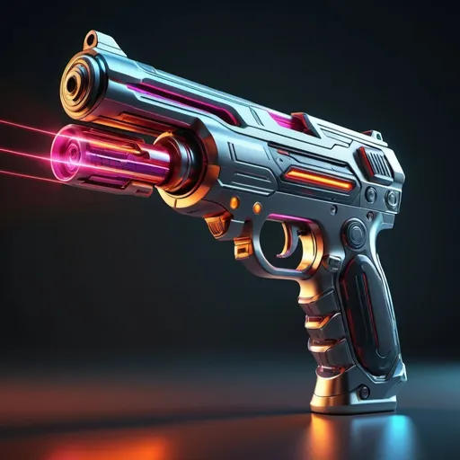 Prompt: High quality, realistic 3D rendering of a futuristic laser gun, sleek metallic design with LED accents, intricate details on the grip and barrel, intense and vibrant colors, dynamic lighting and reflections, sci-fi, futuristic, ultra-detailed, professional, highres, 3D rendering, high-tech, vibrant colors, dynamic lighting