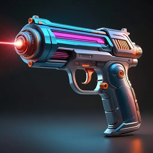Prompt: High quality, realistic 3D rendering of a futuristic laser gun, sleek metallic design with LED accents, intricate details on the grip and barrel, intense and vibrant colors, dynamic lighting and reflections, sci-fi, futuristic, ultra-detailed, professional, highres, 3D rendering, high-tech, vibrant colors, dynamic lighting